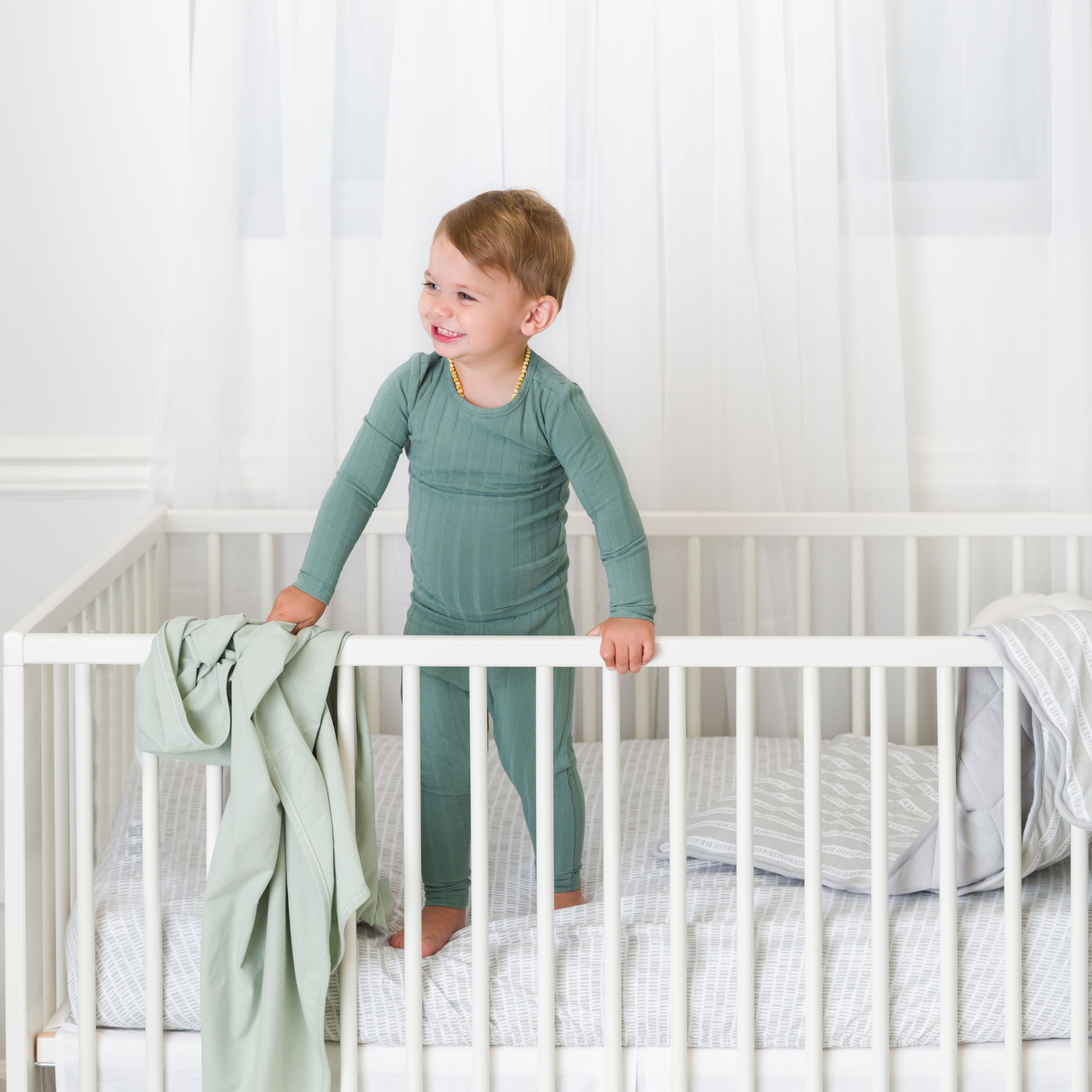Grey Bamboo Baby Crib Sheet Blanket Skirt
