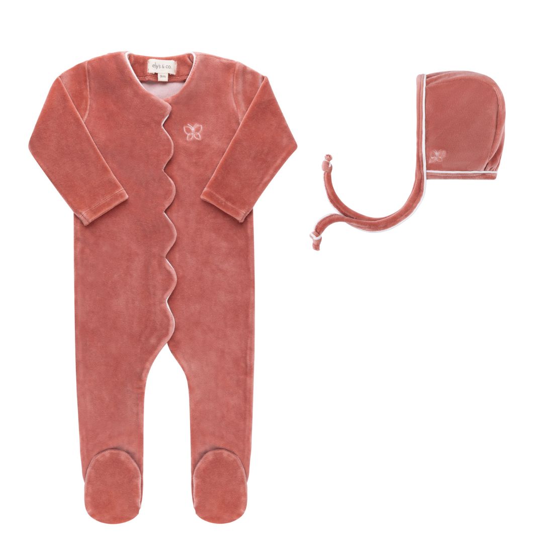 Velour Embroidered Bird &amp; Butterfly Collection - Footie + Bonnet