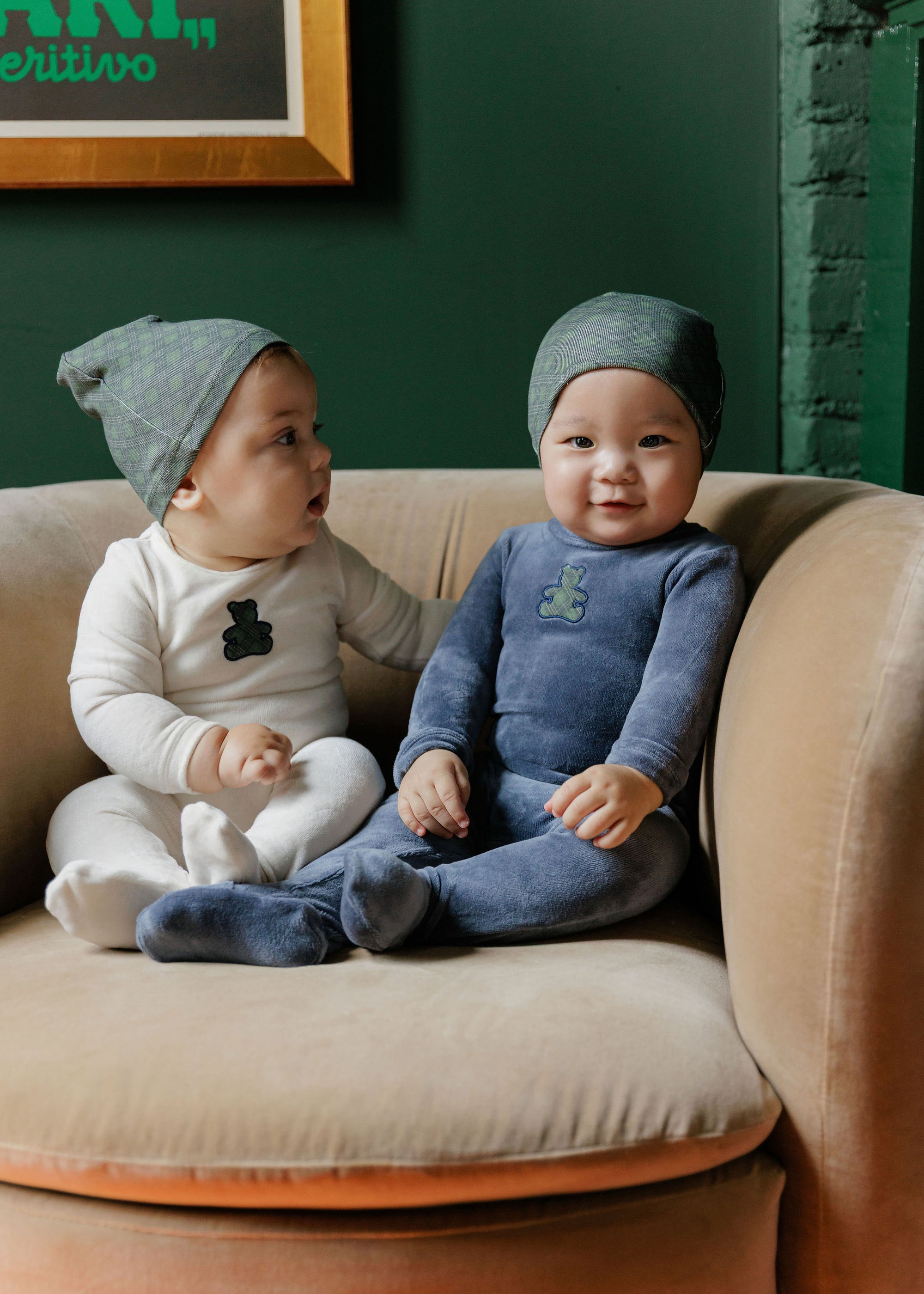 Velour Plaid Bear Collection - Footie + Beanie