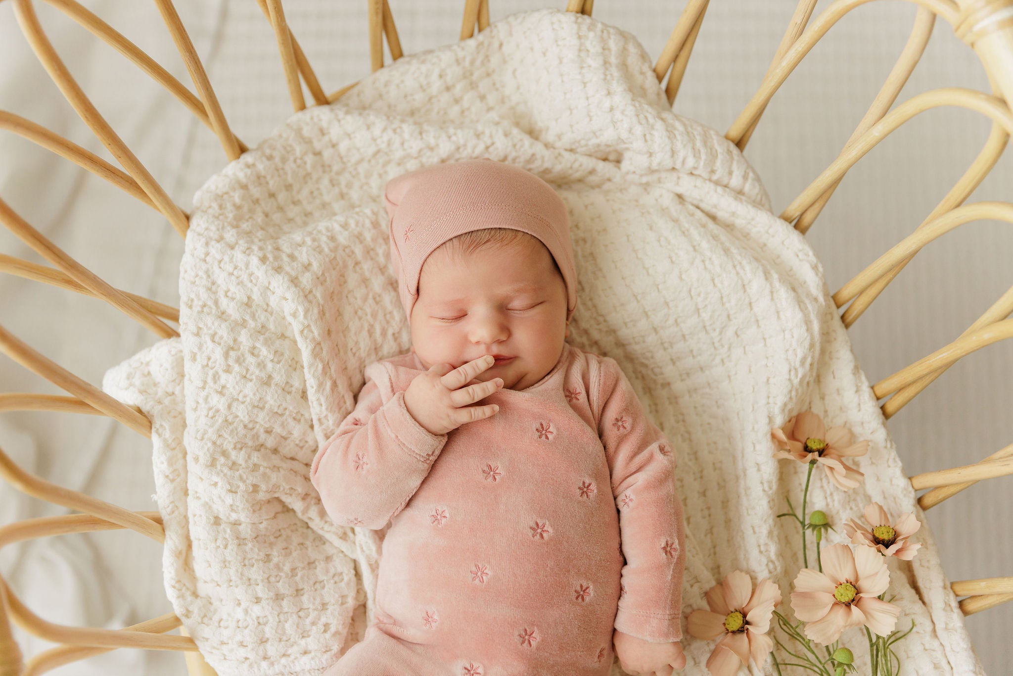 Velour Embroidered Floral Collection - Footie + Beanie