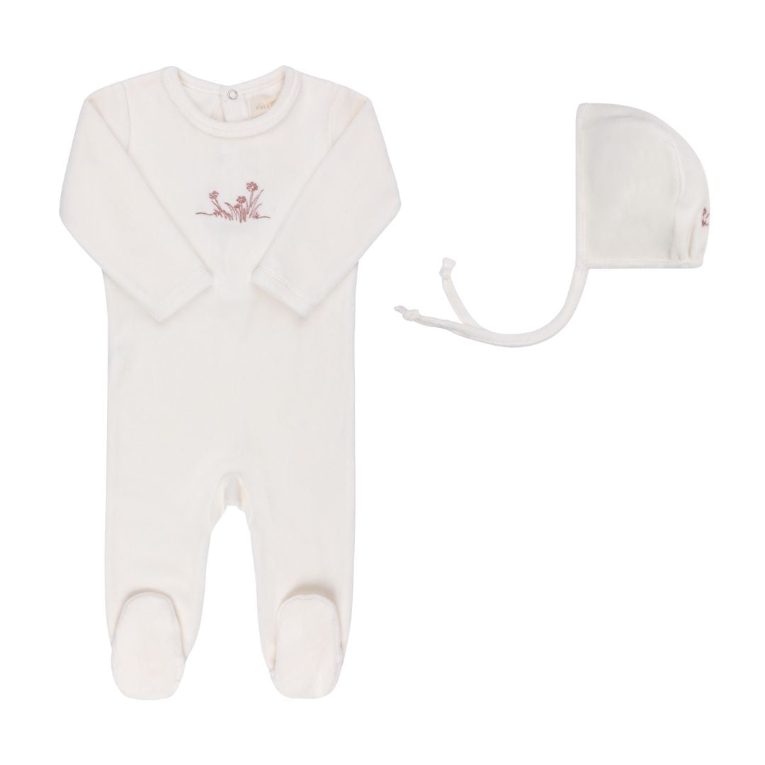 Velour Embroidered Flowers Collection - Footie + Bonnet