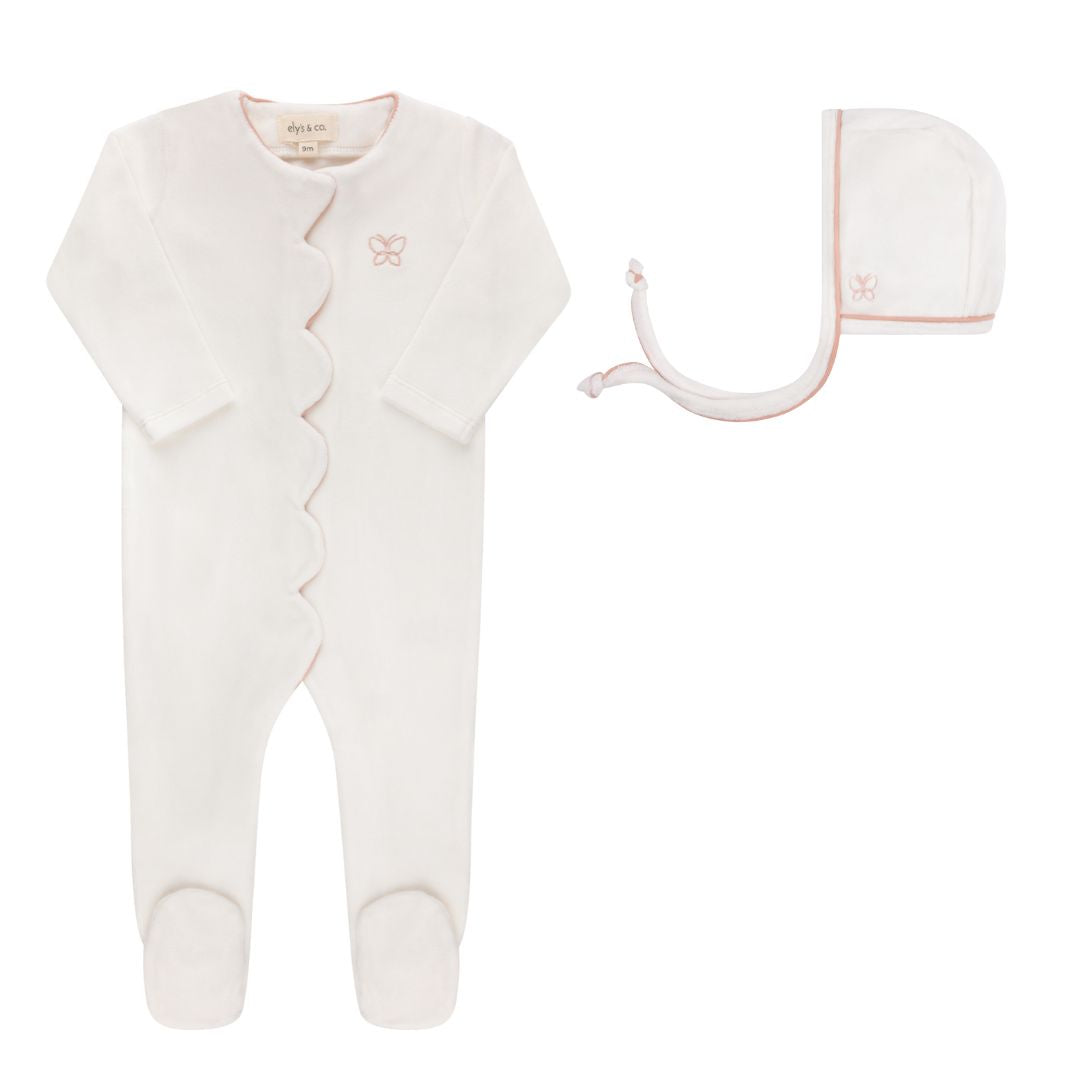 Velour Embroidered Bird &amp; Butterfly Collection - Footie + Bonnet