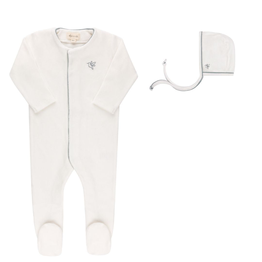 Velour Embroidered Bird &amp; Butterfly Collection - Footie + Bonnet