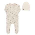 Ivory/mustard cherry print collection footie and beanie