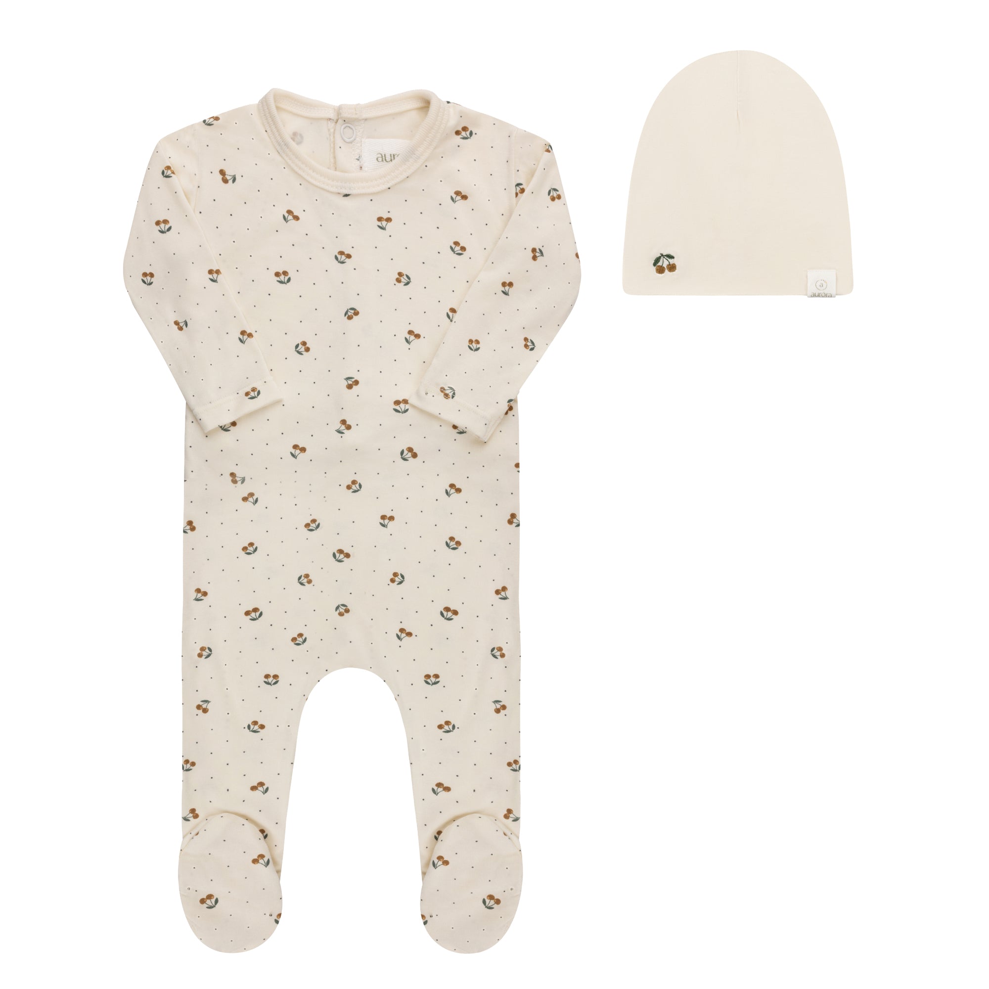 Ivory/mustard cherry print collection footie and beanie