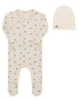 Ivory/mustard cherry print collection footie and beanie