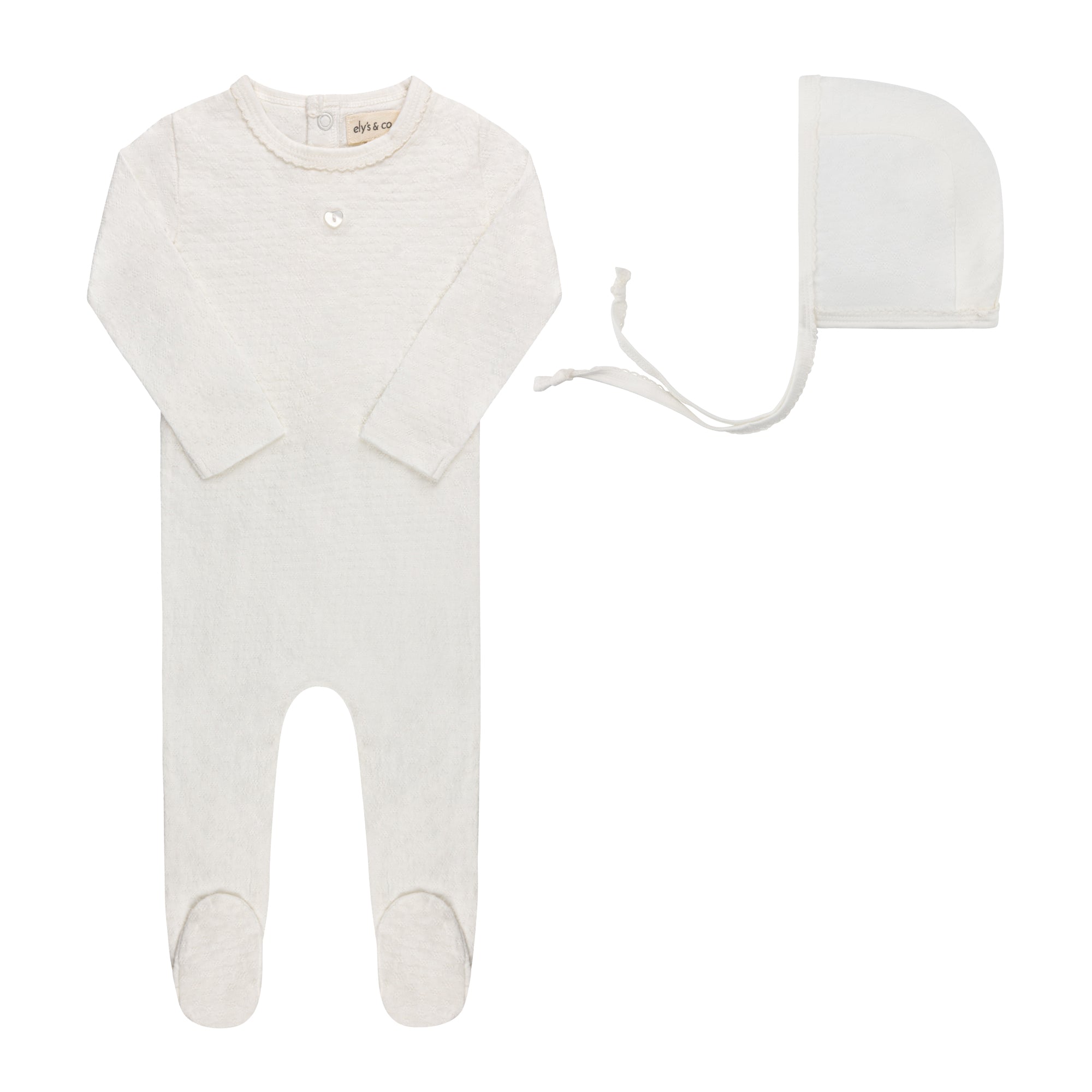 Heart and Star Button Pointelle Collection - Footie + Bonnet