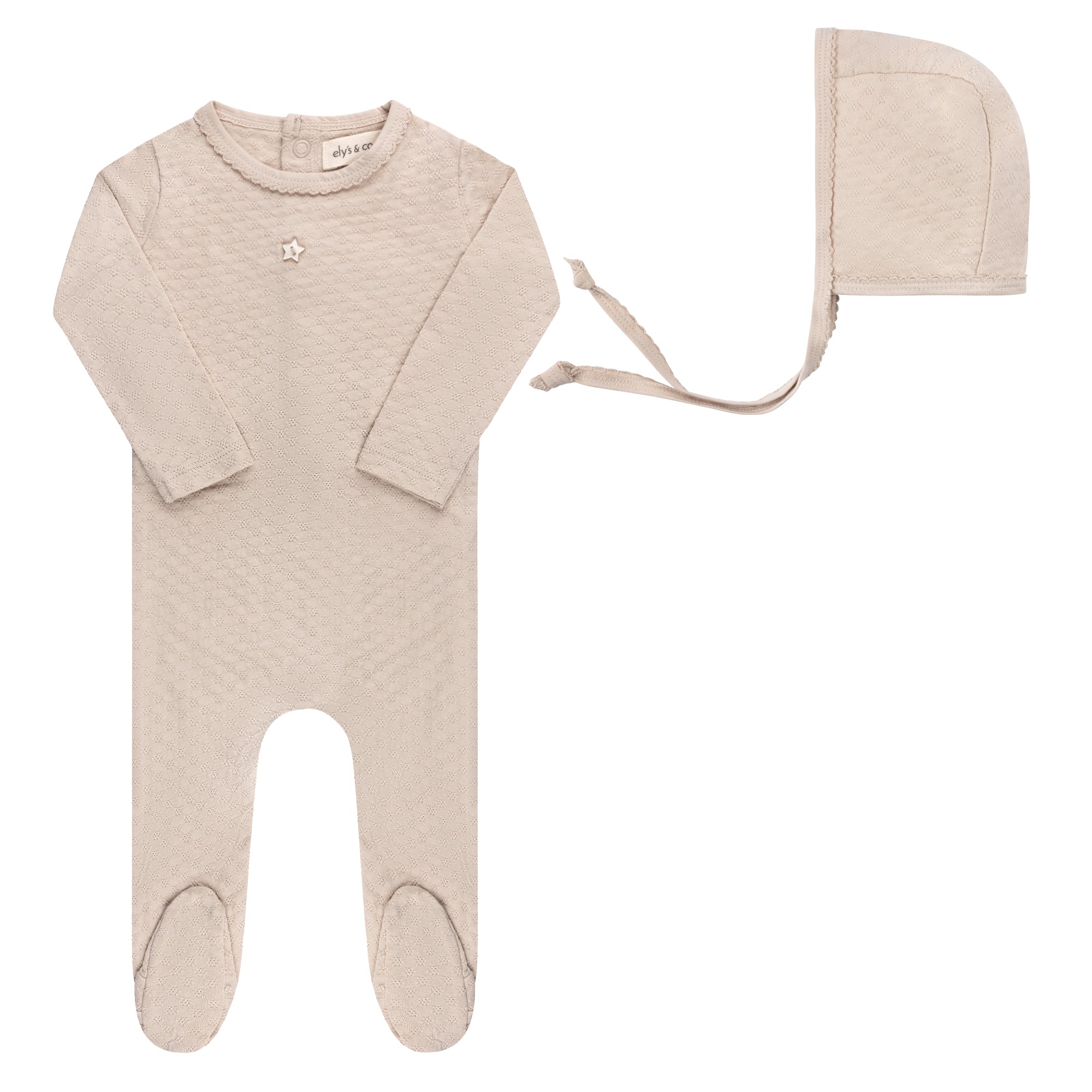 Heart and Star Button Pointelle Collection - Footie + Bonnet