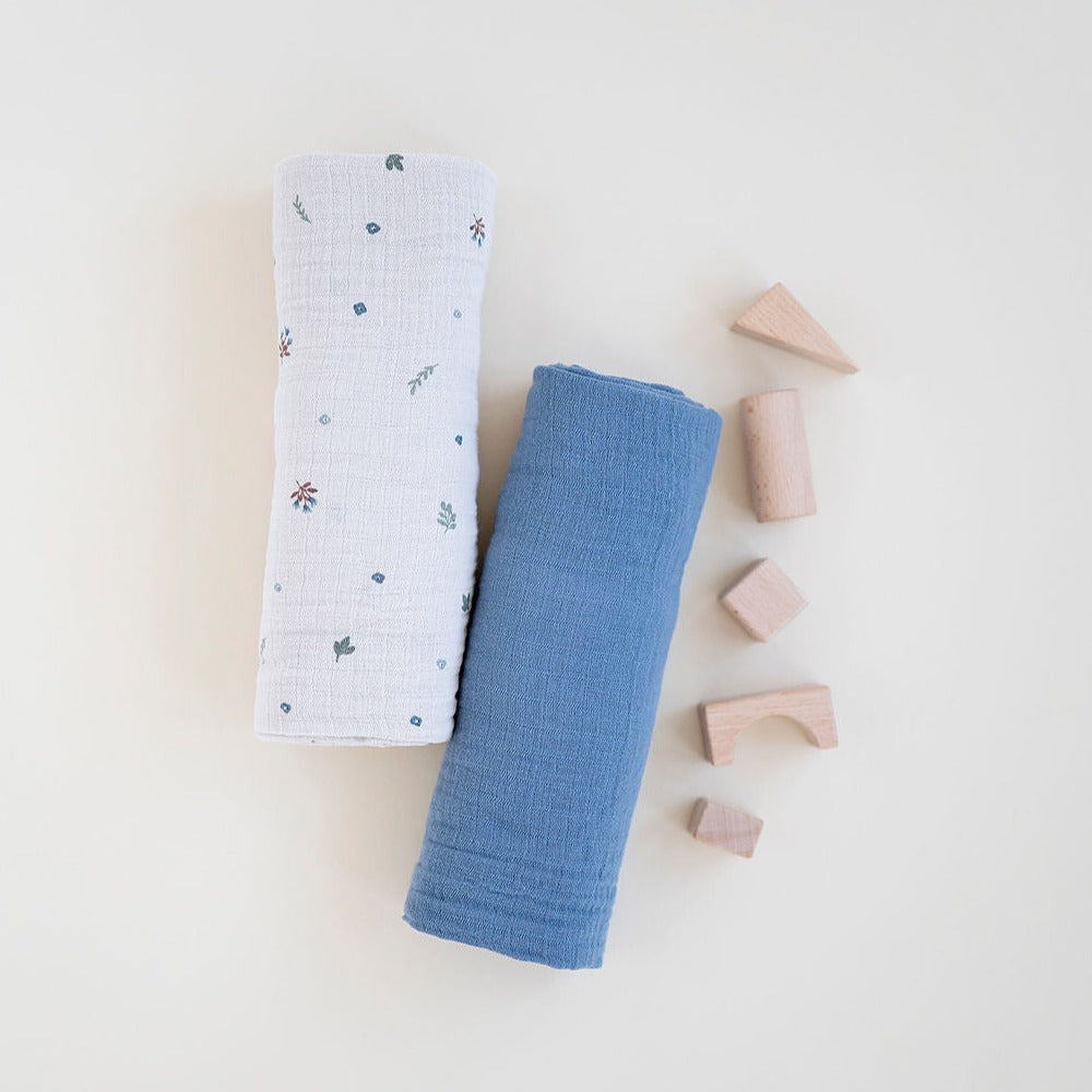 2 Pack Cotton Muslin Swaddle Blanket - Blue Garden Flower