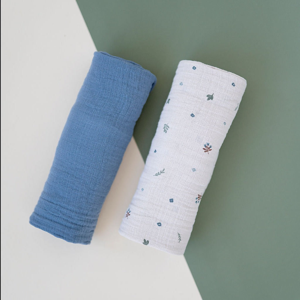 2 Pack Cotton Muslin Swaddle Blanket - Blue Garden Flower
