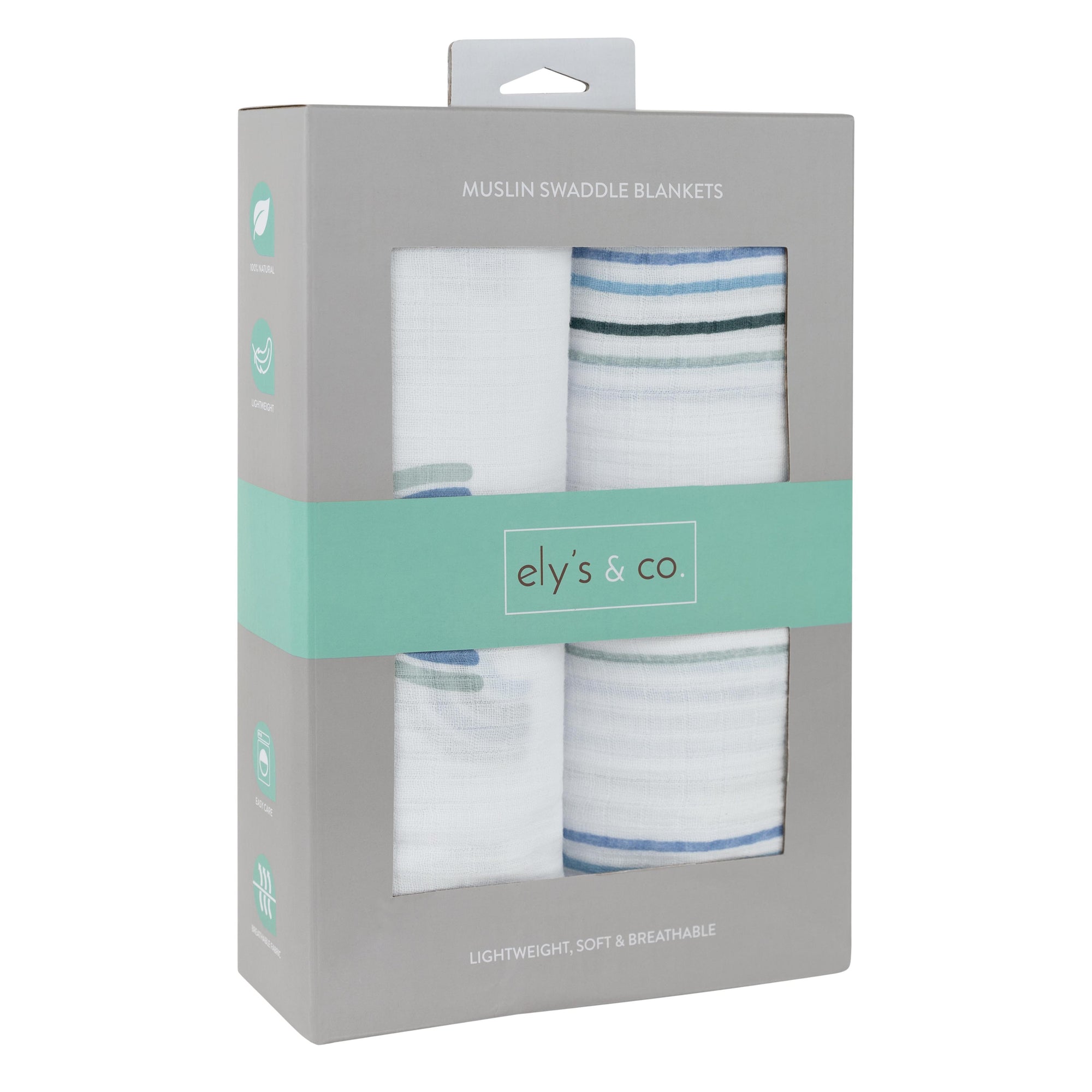 dusty blue rainbow Muslin Swaddles Packaging
